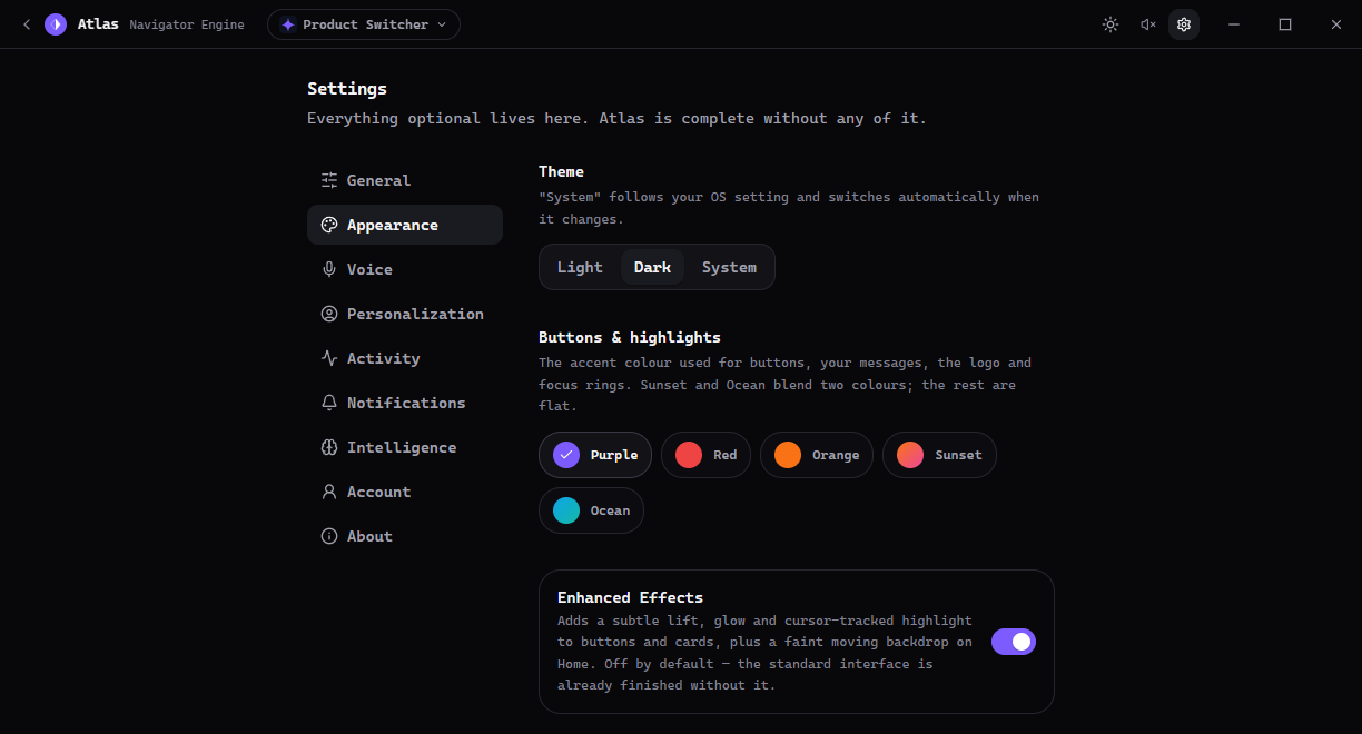 Atlas appearance settings with theme, accent color and effects.