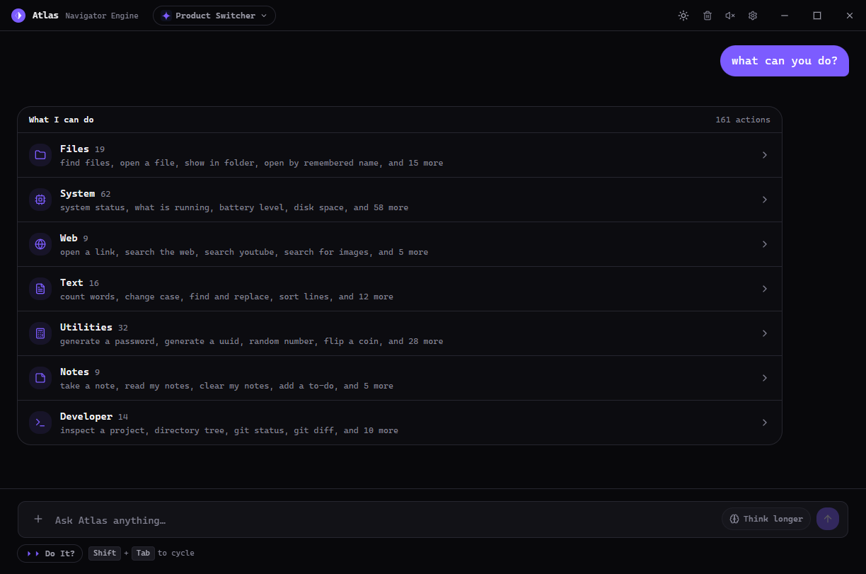 Atlas listing what it can do: files, system, web, text, utilities, notes and developer actions.