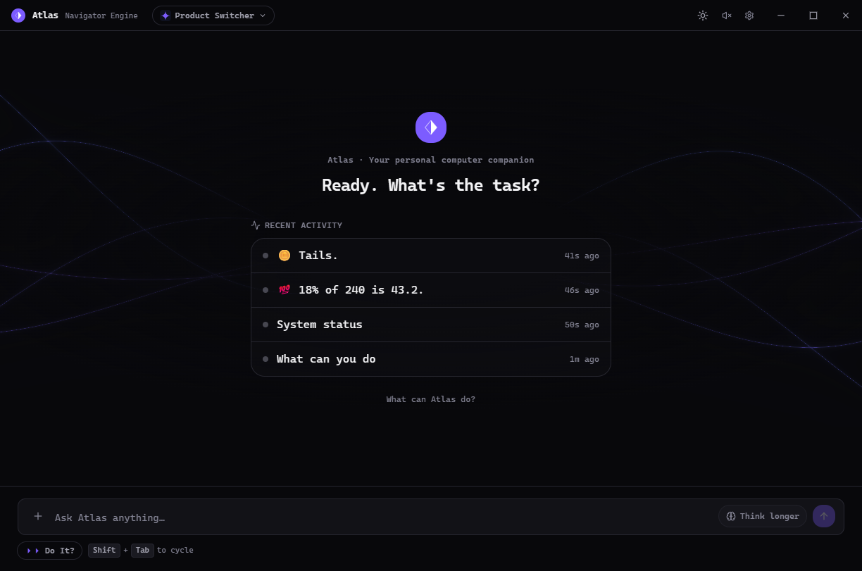The Atlas home screen: a greeting, a list of recent activity, and a message box.