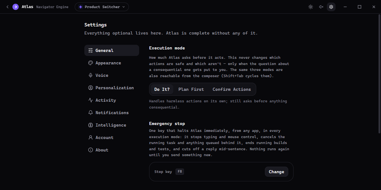 Atlas settings showing three execution modes and the emergency stop key.